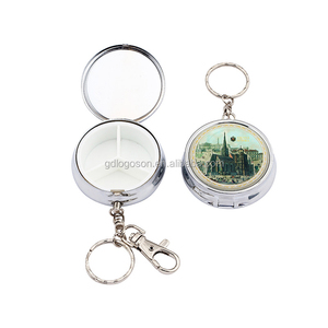 Custom Logo Promotional Souvenir Round Shape Pill Box Metal Keychains With Pill Box Mirror Decorate Metal Pill case Box
