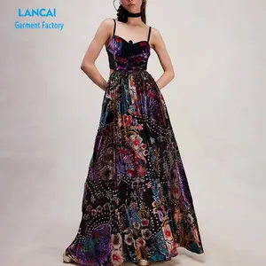 Produsen desain pakaian kustom gaun beludru menyala gaun kasual Maxi beludru elegan