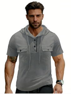 <span class=keywords><strong>Polo</strong></span> <span class=keywords><strong>con</strong></span> <span class=keywords><strong>Capucha</strong></span> para Hombre, Corte Ajustado, Manga Corta, Estilo Henley <span class=keywords><strong>con</strong></span> Bolsillo, Ropa Casual de Calle - Product Image 5