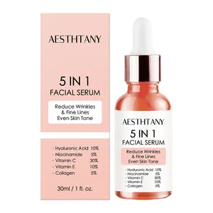 Perawatan Kulit Kecantikan Serum wajah, ampul perawatan kulit 5 dalam 1 pemutih Anti Penuaan Vitamin C Niacinamide asam Hyaluronic Collagen Vitamin E