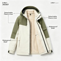 Veste d'extérieur 3 en 1 pour femme avec capuche, doublure polaire amovible, blocs de couleur, fermeture éclair, parka d'hiver pour les voyages en plein air