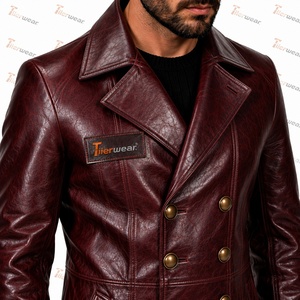 <b>Men's</b> Genuine Leather Long Trench Coat <b>Double</b> <b>Breasted</b> Notched Lapel Embossed Finish With Button Closure - Product Image 6