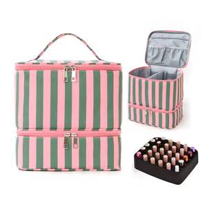 Estuche Cosmético Multifuncional de Doble Capa con Rayas a la Moda, Bolsa de Almacenamiento para Esmalte de Uñas, Bolsa de Maquillaje de Gran Capacidad, Bolsa de Aseo - Product Image 2