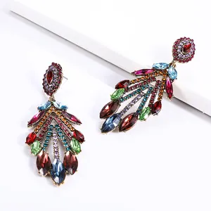 Exaggerated Silver Plated Leaves Fashion Earrings Colorful Rhinestone Crystal Leaf Stud Earrings Jewelry
