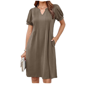 Robe midi décontractée d'été pour femme, col en V, manches bouffantes, coupe trapèze, couleur unie, respirante, avec poches - Product Image 1