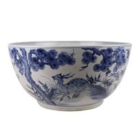 Mangkuk Porselen Chinoiserie Biru & Putih XL 16''  Lukisan Tangan Pohon Pinus Rusa Mangkuk Keramik Besar Pot Tanaman Keramik Besar
