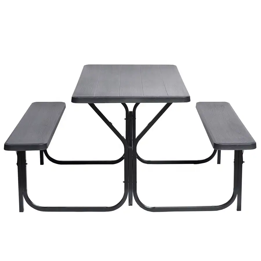 木製のようなプラスチック製のトップと耐候性の金属フレームキャンプピクニックテーブル、屋外用ベンチ付き