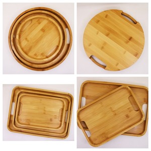 Bamboo Serving <b>Tray</b> Round And Rectangular With Handles For <b>Tea</b> Coffee Hotel Restaurant Use Light Yellow Solid Color - Product Image 1