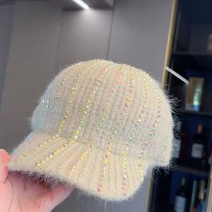 Gorra de Béisbol de 7 Paneles con Rayas y Pedrería, Estilo Coreano para Mujer, Otoño Invierno, a la Moda, en Gris, Beige, Rosa y Negro - Product Image 4