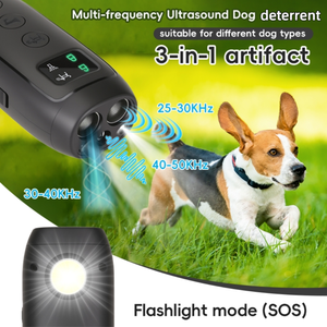 Dispositivo 3 en 1 para Entrenamiento de Perros, Disuasor de Ladridos, Repelente Ultrasónico con Linterna (<span class=keywords><strong>SOS</strong></span>) y LED 3X - Product Image 1
