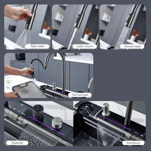 Évier de cuisine commercial moderne en acier inoxydable à cuve unique, à encastrer, multifonctionnel, avec robinet intelligent à quatre trous - Product Image 4