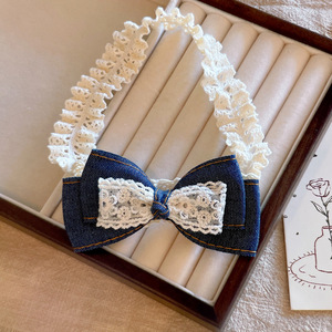 ربطة رأس للأطفال بتصميم دانتيل أثيري، عصابة رأس بنمط قديم مع فيونكة جينز ثلاثية الأبعاد للفتيات - Product Image 2