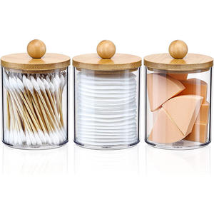 Cotton Swab <strong>Storage</strong> <strong>Box</strong> Acrylic Portable Round Container Bottle <strong>Wood</strong> Lid - Product Image 3