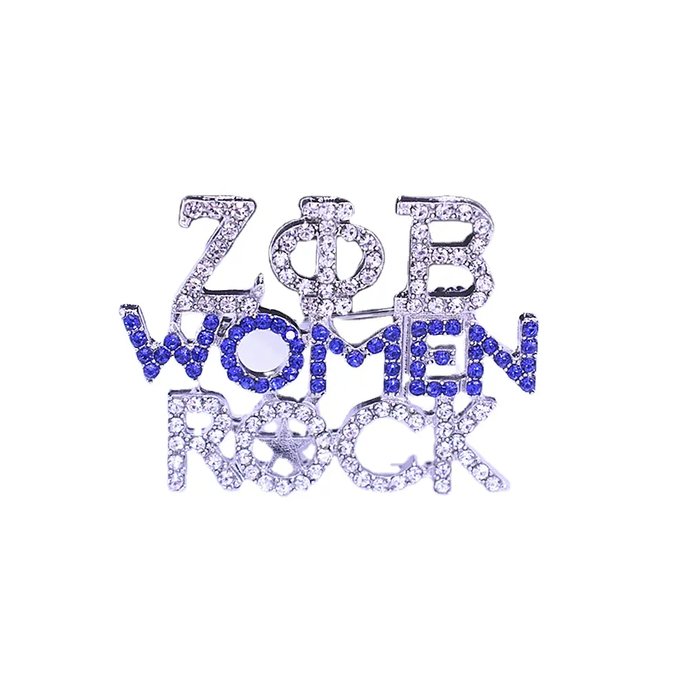 ZOB Women Rock Brooch Greek Letter Sorority Sign White Blue Crystal ZETA PHI BETA Rock Pin Brooches Black Women Rock Magic Gift