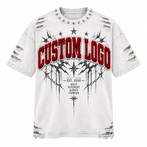 Camiseta Oversize Personalizada para Hombre, Estilo Punk, con Gráficos Desgastados, Cuello con Tachuelas, Lavado Vintage, Manga Corta, Algodón Jersey - Product Image 6