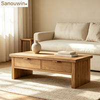 Table basse rectangulaire rustique en chêne avec tiroirs, table de rangement minimaliste en bois massif pour salon résidentiel