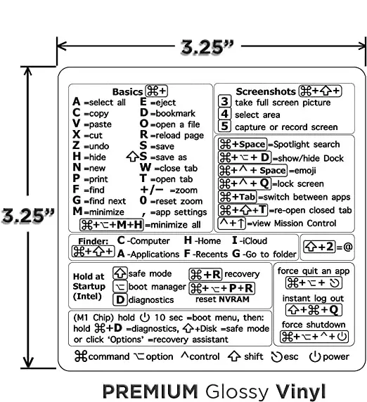 Custom Mac OS Keyboard Shortcuts Clear Vinyl Sticker compatible with 13-16 inch Macbook Air/Pro