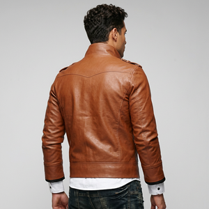 Veste de moto en cuir véritable pour homme, style Cafe Racer, en cuir de vachette de qualité supérieure, couleur cognac, fermeture éclair sur le devant, coupe ajustée - Product Image 3