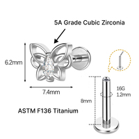 JiaXin ASTM-F136 Titanium Tanpa Ulir Pin Dorong Belakang Datar Stud Labret Medusa Conch Lobus Bunga Zirkonia Kubik Perhiasan Tindik Tubuh 16G