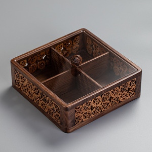 Plateau à fruits compartimenté en bois de noyer rectangulaire avec couvercle pour le rangement des collations, des bonbons, des accessoires pour la cérémonie du thé - Product Image 4