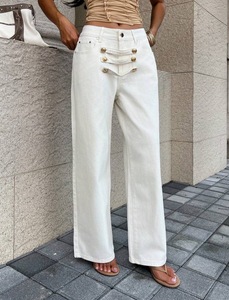 Pantalon large blanc taille haute pour femme, couleur unie, fermeture boutonnée, coupe ample, longueur complète, décontracté, en coton, pour l'été - Product Image 1