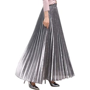 Women's <b>Metallic</b> Shiny Pleated Maxi Long <b>Skirt</b> Regular Waist Chiffon Fabric - Product Image 1