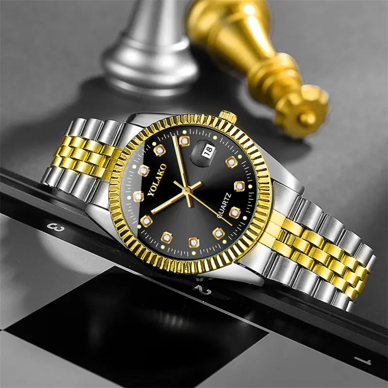 Luxury Golden Stainless Steel Calendar Wrist Watches Men Steel Band Quartz Movement Watch