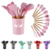 Ensemble d'ustensiles de cuisine en silicone à manche en bois durable de 12 pièces - Expédition prête, vente en gros, outils de pâtisserie, spatule, cuillère à fentes, spatule