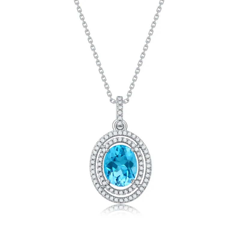 Real Pure 925 Sterling Silver 3 Carat Oval Blue Topaz Necklace for Woman Around Gemstone Fine Jewelry Women Pendant Necklace