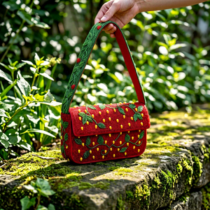 Sac à bandoulière rectangulaire fait main en perles rouges avec broderie en polyester à motifs floraux verts et pois jaunes, lavable - Product Image 1
