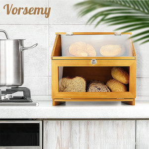 Boîte de rangement à pain en bois Vorsemy à double couche avec couvercle en verre, organisateur de pain pour la cuisine, couleur bois naturel - Product Image 1