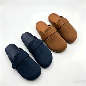 Faux Suede <b>Closed</b> <b>Toe</b> Slides With Strap Closure Comfortable Flat Sandals Solid Color All Seasons PU Outsole - Product Image 1