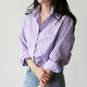 Autumn Women Blouse Striped Turn-down Collar Office Lady Tops Full Sleeve Light Purple Fashion Female Shirts