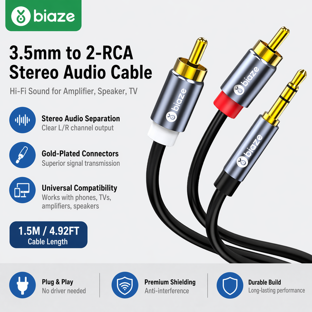 3.5mm to 2 RCA Cable Stereo Audio Cable AUX Male to Dual RCA Adapter Cable for Phone TV Amplifier Speaker Home Theater