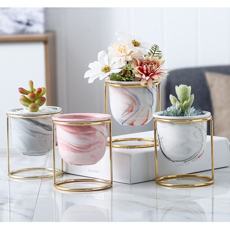 Креативный Мраморный горшок для суккулентов в скандинавском стиле, комнатный декор, керамические горшки для цветов с золотой железной рамкой