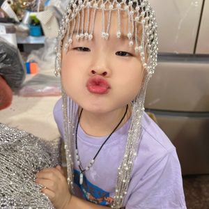 Nouveau chapeau de mariée de luxe d'été avec perles et design en maille, longue frange, coiffe pour enfants - Product Image 1