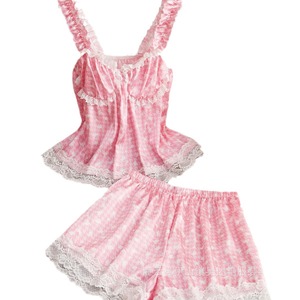 Comercio exterior europeo y americano, ventas transfronterizas: Pijama con diseño de tirantes con volantes y ribetes de encaje, estampado en seda sintética - Product Image 5