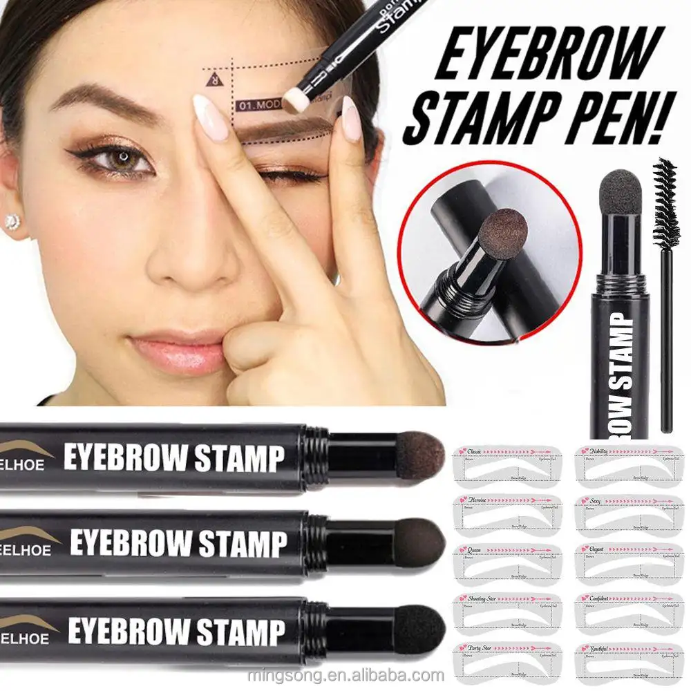 One Step Eyebrow Stamp Pen Kit mit 5 Arten Augenbrauen schablonen form Wasserdichtes, langlebiges Stempelbrauen-Puder-Make-up-Set