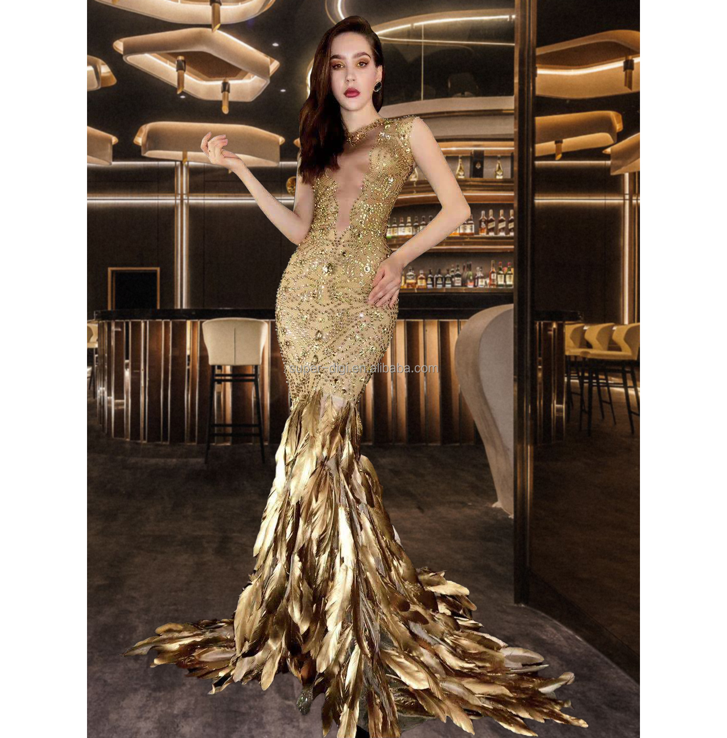 Women Singer Stage Show Gold Feather Dresses Long Feather Hem Evening Prom  Dresses Mermaid Dress