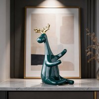 Support à bouteille de vin en céramique vert émeraude moderne, sculpture de cerf avec bois de cerf doré, porte-bouteille à vin rouge, cadeau pour bar à domicile ou table à manger