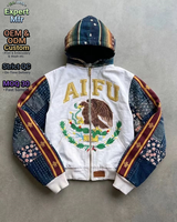Blouson Bomber Y2K Grunge en Toile à Capuche pour Homme, Vintage, Épais, Effet Délavé, Zippé, Broderie Drapeau Mexicain, Style Punk Streetwear