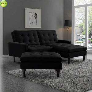 Set Divano Salvaspazio in Tessuto Nero con Chaise Longue e Pouf, Arredamento Compatto per Soggiorno/Camera da Letto/Hotel/Appartamento - Product Image 1