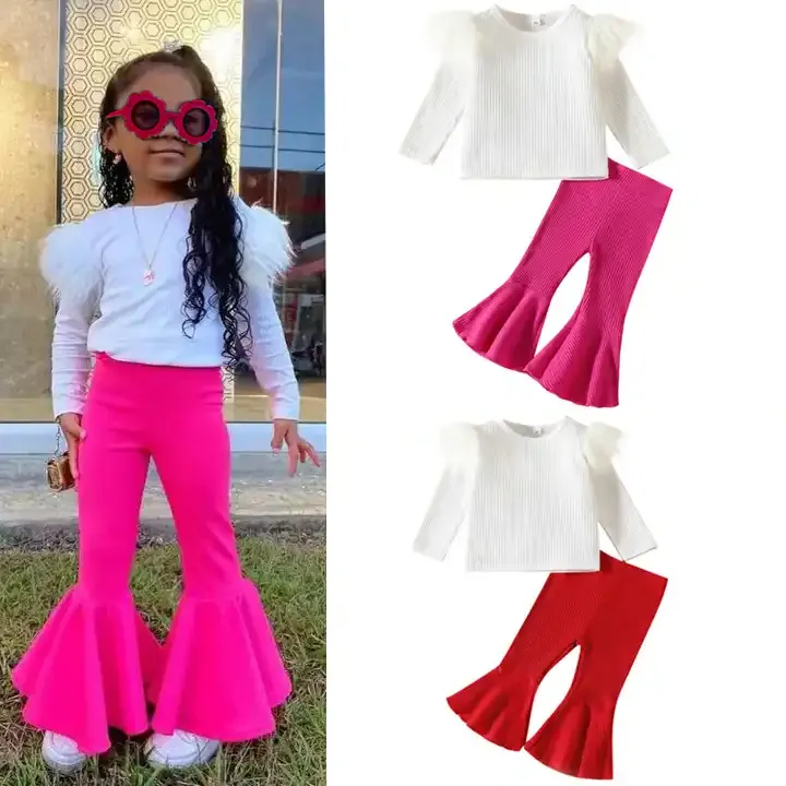 Neue Kinder kleidung Mädchen anzug Pit Strip Cotton Langarm Top Flare Pants Zweiteiliges Set