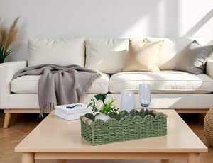 <span class=keywords><strong>Panier</strong></span> de rangement en papier toilette vert à bord festonné pour étagère de toilette avec manche en bois - Product Image 6