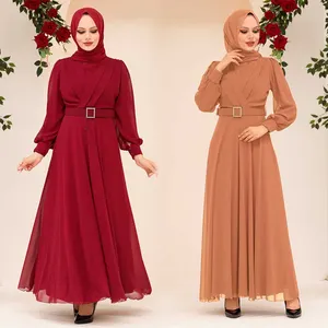 Latest Abaya Designs Luxurious Plain High Waist Slim Fit With Belt And Chest Cross Design Maxi Muslim Woman Dress Dubai