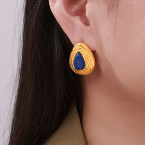 Boucles <span class=keywords><strong>d</strong></span>'oreilles en forme de goutte <span class=keywords><strong>d</strong></span>'eau en <span class=keywords><strong>lapis</strong></span>-<span class=keywords><strong>lazuli</strong></span> plaqué <span class=keywords><strong>or</strong></span> rose en acier titane au tempérament rétro pour femmes, cadeau de fiançailles - Product Image 5
