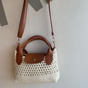 Borsa a mano da donna in maglia all'uncinetto stile retrò francese, borsa tote di lusso in pelle patchwork, borsa a tracolla estiva traforata da spiaggia con manico superiore - Product Image 6