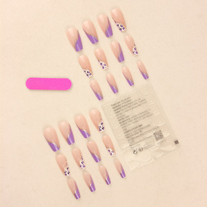Venta caliente usable de longitud media púrpura borde vaca patrón transfronterizo uñas postizas terminado 24 piezas puntas de uñas al por mayor - Product Image 4