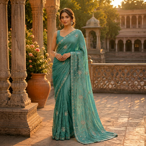 Sari de Seda Georgette Verde Mar para Bodas Tradicionales, con Bordado a Mano y Espejos, de Secado Rápido y Sin Arrugas, para Fiestas - Product Image 1