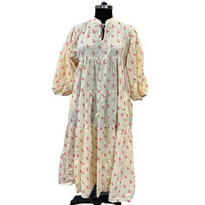 Vestido Maxi Bohemio Estampado Transpirable con Volantes, Cuello Alto, Manga Abullonada y Ajuste Relajado - Product Image 4